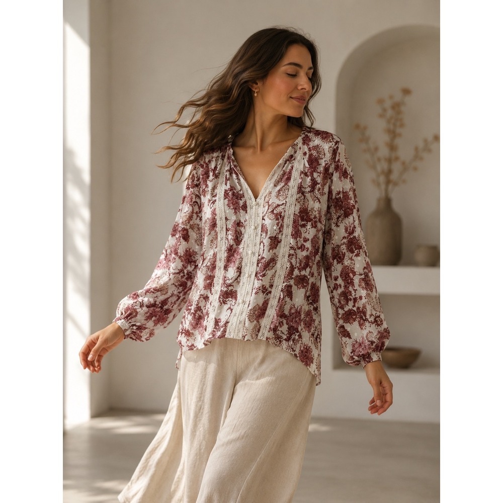 Oak‎ & Trellis Floral Lace Trim Blouse Burgundy White Clip Dot Boho Top Medium
